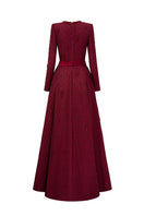 Beatrix burgundy crystal-embellished guipure lace A-line gown by I.H.F with round neckline and elegant design.
