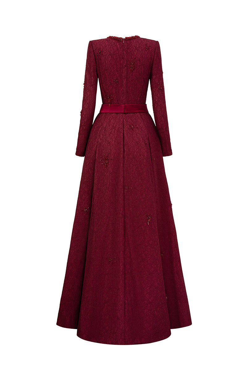 Beatrix burgundy crystal-embellished guipure lace A-line gown by I.H.F with round neckline and elegant design.