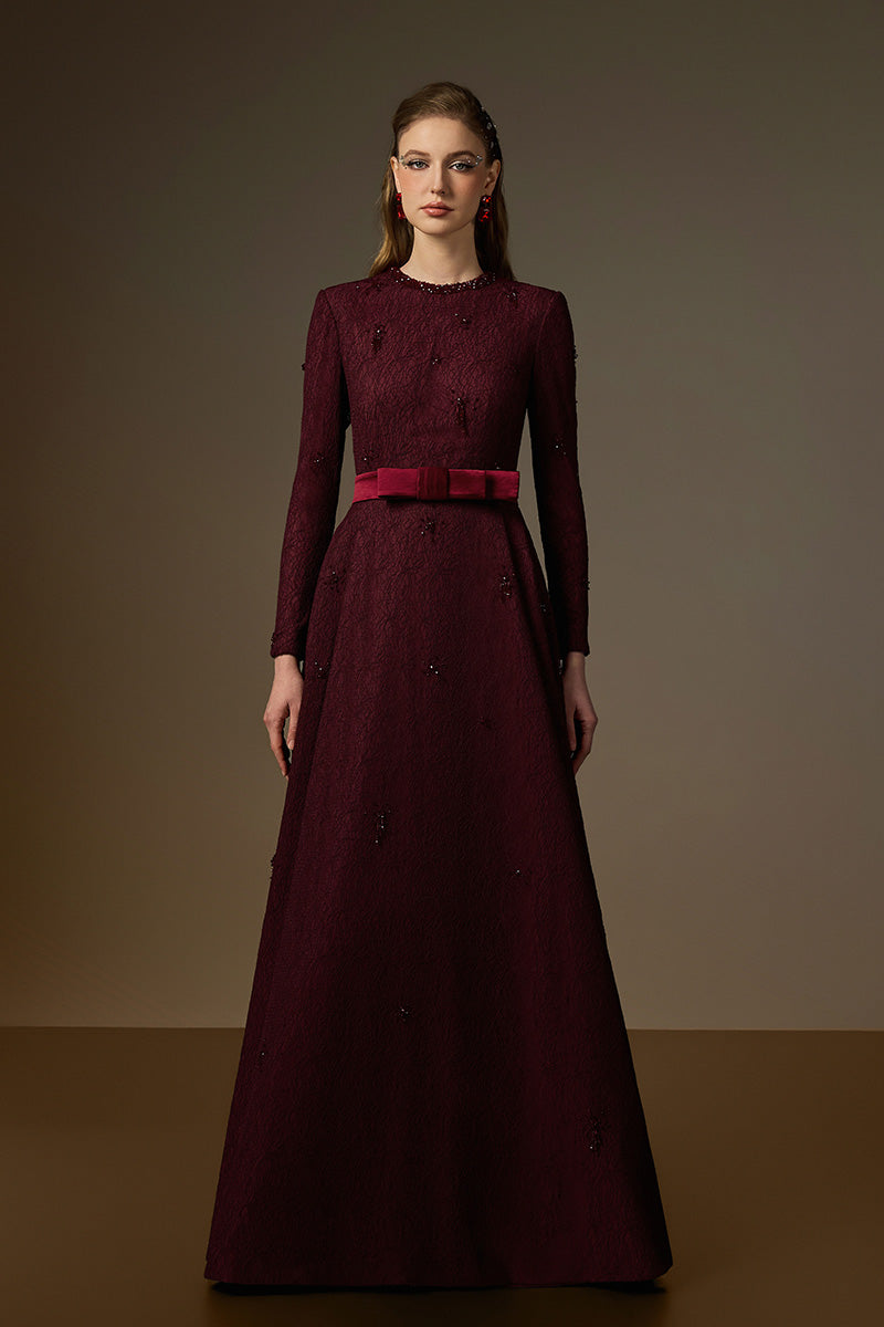 Beatrix burgundy crystal embellishments A-line gown by I.H.F featuring round neckline and intricate guipure lace design.