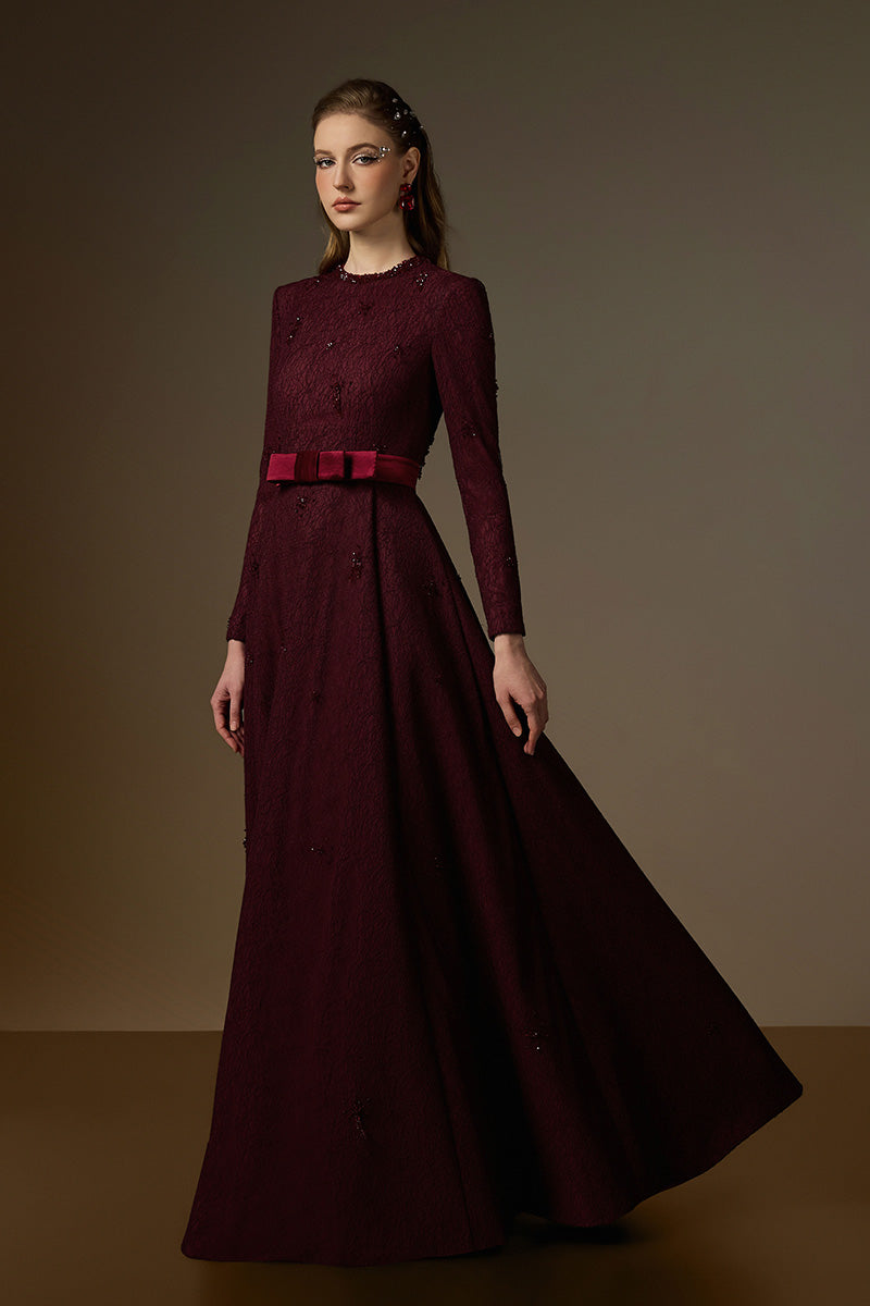 Beatrix burgundy crystal embellishments A-line gown by I.H.F featuring round neck, lace, and elegant embroidery.