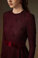 Beatrix burgundy crystal-embellished guipure lace A-line gown by I.H.F, featuring a round neckline and elegant design.
