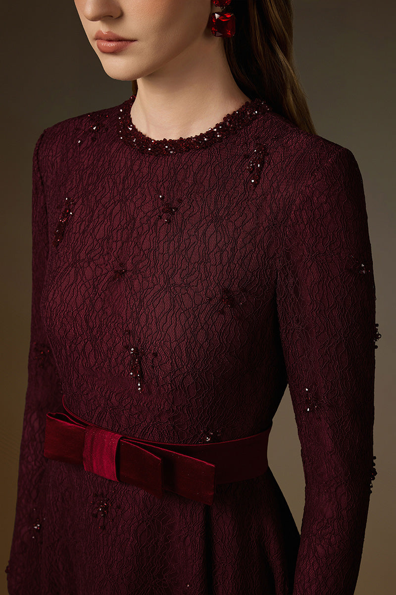 Beatrix burgundy crystal-embellished guipure lace A-line gown by I.H.F, featuring a round neckline and elegant design.