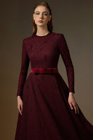 Beatrix burgundy crystal embellishments A-line gown with round neck and lace details by I.H.F.