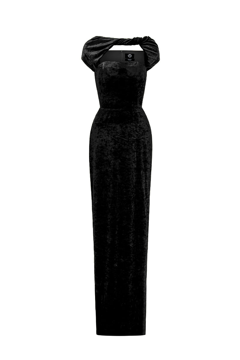 Black velvet Penelope short sleeve gown with draped details, featuring a round neckline, by I.H.F.