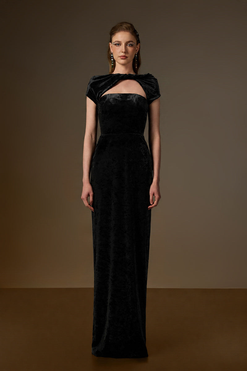 Black velvet Penelope short sleeve gown by I.H.F with draped details and a round neckline, elegant and stylish for formal occasions.