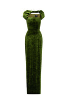 Green velvet short sleeve gown with draped details by I.H.F, featuring a round neckline and elegant design.