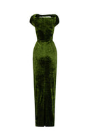 I.H.F green velvet gown with short sleeves and draped design, featuring a round neckline and elegant, flowing silhouette.