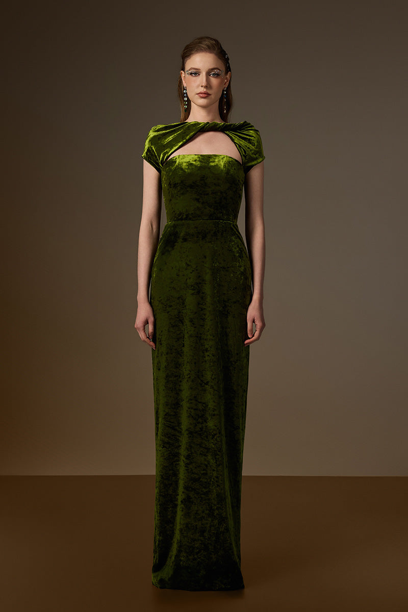 Green velvet short sleeve gown with draped details by I.H.F, featuring a round neckline and elegant design.