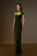 Green velvet short sleeve gown with draped design by I.H.F, featuring a round neckline and elegant style.