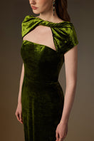 Green velvet short sleeve gown with draped details by I.H.F, featuring a round neckline and elegant, flowing design.
