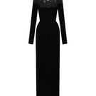 Black lace column gown by I.H.F with red crystal embellishments, featuring a round neckline and elegant crepe fabric.