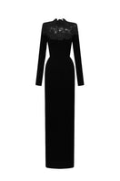 Black lace column gown by I.H.F with red crystal embellishments, featuring a round neckline and elegant crepe fabric.