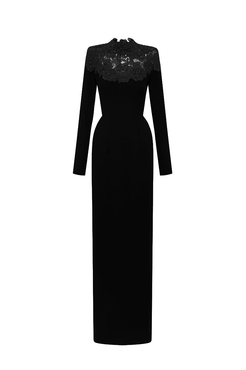 Black lace column gown by I.H.F with red crystal embellishments, featuring a round neckline and elegant crepe fabric.