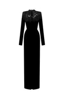 Black lace column gown by I.H.F with red crystal embellishments, round neck, made from black crepe with floral garden lace details.