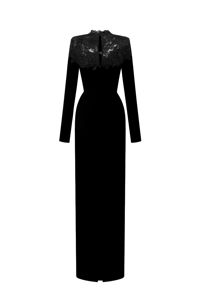 Black lace column gown by I.H.F with red crystal embellishments, round neck, made from black crepe with floral garden lace details.