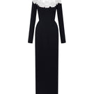 Black and white lace column gown by I.H.F with crystal embellishments, featuring a round neckline and floral lace details.