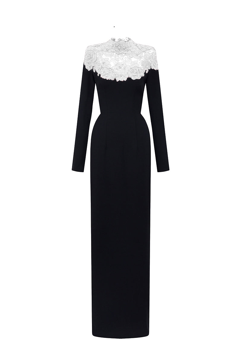 Black and white lace column gown by I.H.F with crystal embellishments, featuring a round neckline and floral lace details.