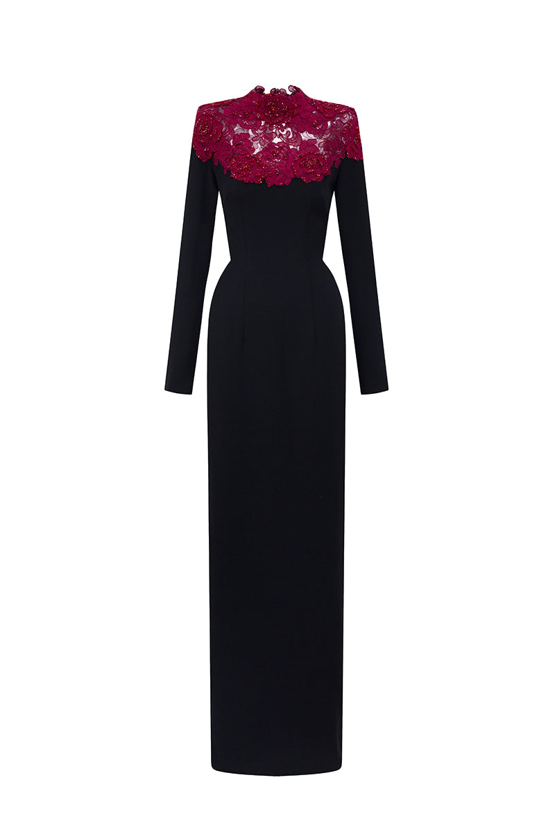 Black and burgundy lace column gown by I.H.F with crystal embellishments and a round neckline, featuring floral garden lace details.