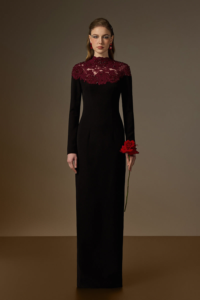 Black and burgundy crystal-embellished lace column gown by I.H.F featuring floral garden lace and a round neck.