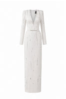 Seraphina white embellished V-neck column gown by I.H.F with flowing water effect embellishments on white crepe fabric.