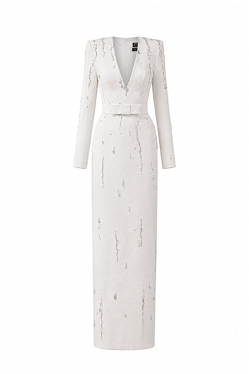 Seraphina white embellished V-neck column gown by I.H.F with flowing water effect embellishments on white crepe fabric.