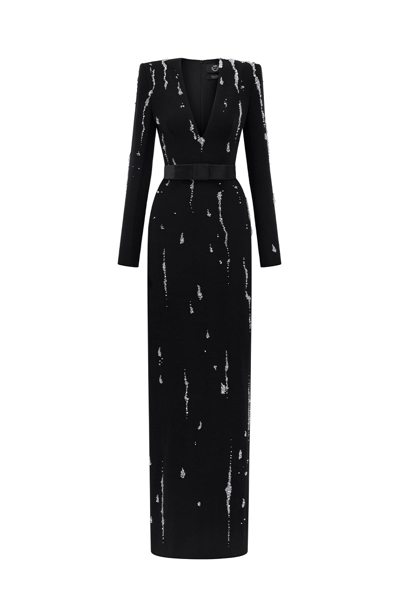 Black embellished V-neck column gown by I.H.F with flowing water effect details in black crepe fabric.