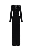 Black I.H.F Seraphina V-neck column gown with flowing water effect embellishments on black crepe fabric.