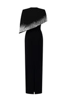 Black crepe de chine taffeta gown by I.H.F, elegant floor-length gown with a smooth, shiny fabric and sophisticated design.