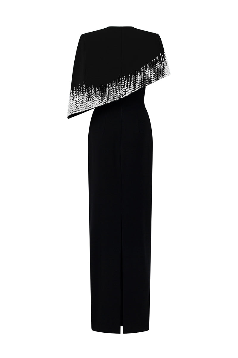 Black crepe de chine taffeta gown by I.H.F, elegant floor-length gown with a smooth, shiny fabric and sophisticated design.