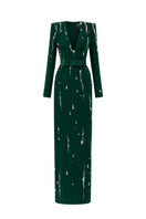 Dark green I.H.F Seraphina gown with V-neck, embellished water effect, flowing crepe fabric, and column silhouette.