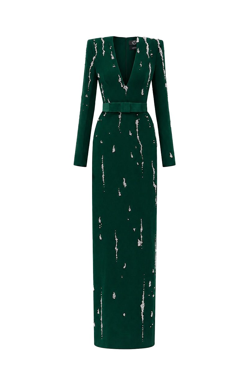 Dark green I.H.F Seraphina gown with V-neck, embellished water effect, flowing crepe fabric, and column silhouette.