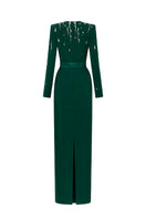 Dark green I.H.F Seraphina gown with V-neck, embellished flowing water effect, elegant column silhouette in crepe fabric.