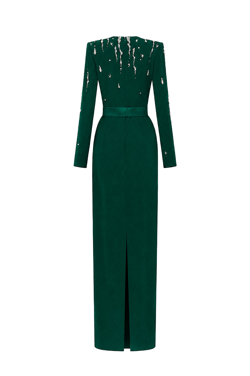 Dark green I.H.F Seraphina gown with V-neck, embellished flowing water effect, elegant column silhouette in crepe fabric.