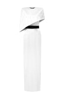 White metallic asymmetric cape gown by I.H.F featuring a round neck and elegant silk fabric, perfect for formal occasions.