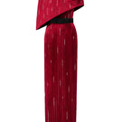 I.H.F red metallic asymmetric cape gown with round neck and stripped silk fabric, elegant evening wear for formal occasions.