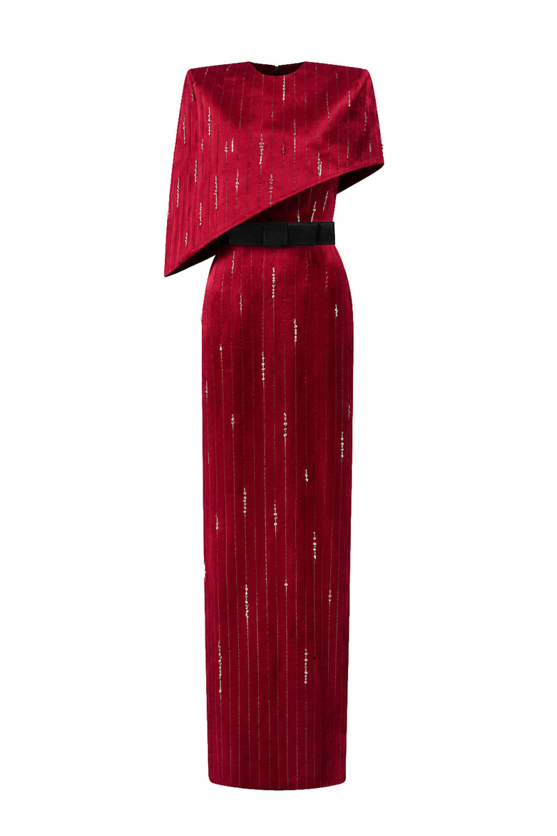 I.H.F red metallic asymmetric cape gown with round neck and stripped silk fabric, elegant evening wear for formal occasions.
