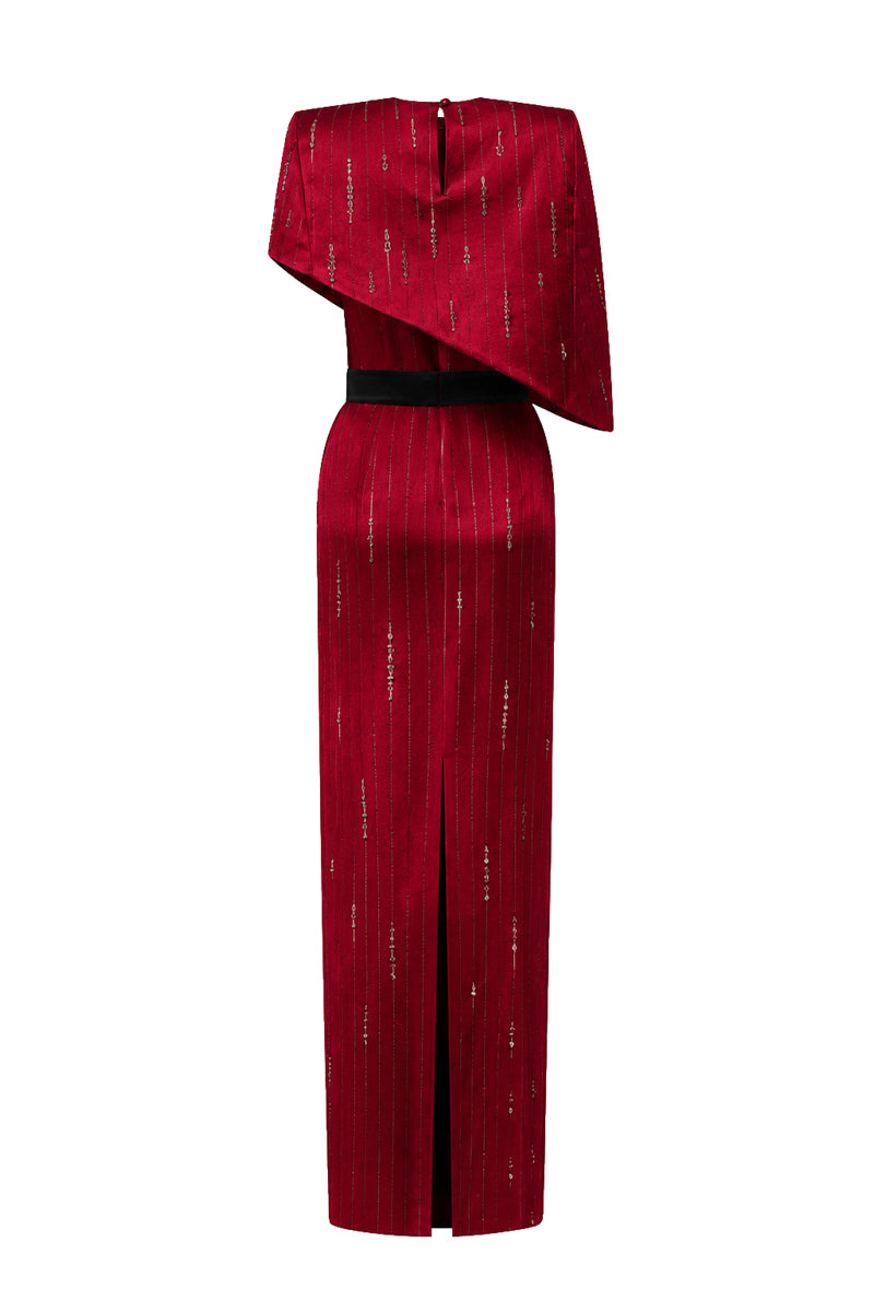 Valentina red metallic asymmetric cape gown by I.H.F featuring a round neck and elegant dark red metallic silk fabric.