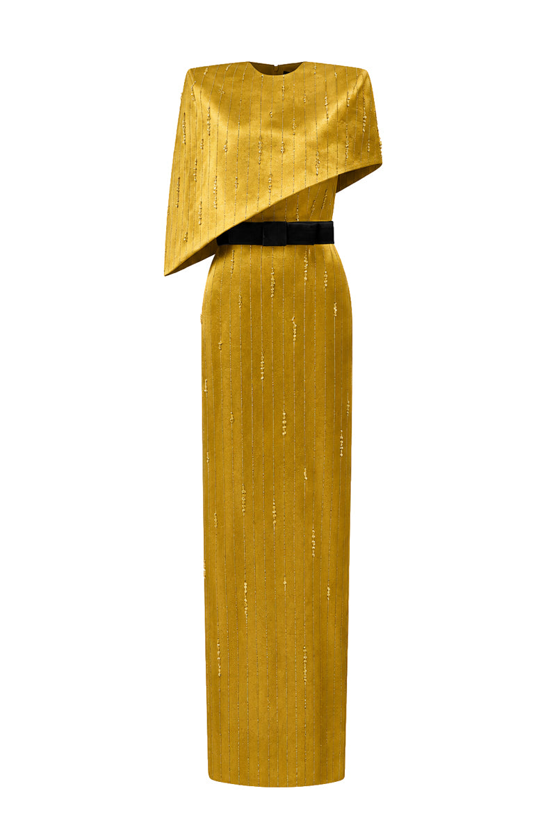 Yellow metallic asymmetric cape gown by I.H.F featuring a round neck and elegant silk fabric.