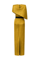 Yellow metallic asymmetric cape gown by I.H.F featuring a round neck and elegant silk fabric.