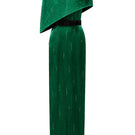 Dark green metallic asymmetric cape gown by I.H.F, featuring a round neck and elegant silk fabric with a striking design.
