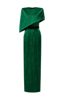 Dark green metallic asymmetric cape gown by I.H.F, featuring a round neck and elegant silk fabric with a striking design.