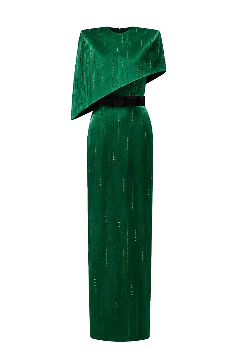 Dark green metallic asymmetric cape gown by I.H.F, featuring a round neck and elegant silk fabric with a striking design.