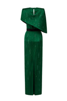 Dark green metallic asymmetric cape gown by I.H.F featuring a round neck and elegant silk fabric.