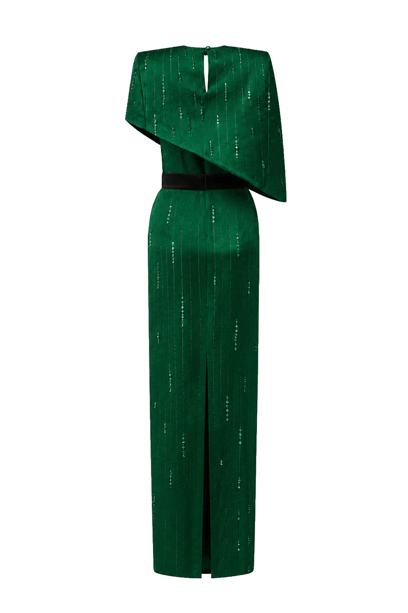 Dark green metallic asymmetric cape gown by I.H.F featuring a round neck and elegant silk fabric.