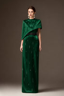 Valentina dark green metallic asymmetric cape gown by I.H.F featuring a round neck and elegant silk fabric.