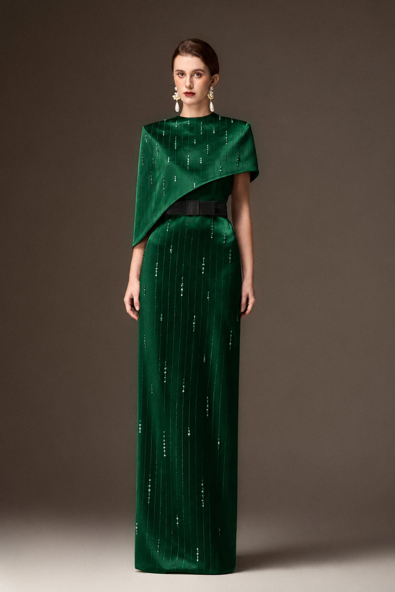 Valentina dark green metallic asymmetric cape gown by I.H.F featuring a round neck and elegant silk fabric.
