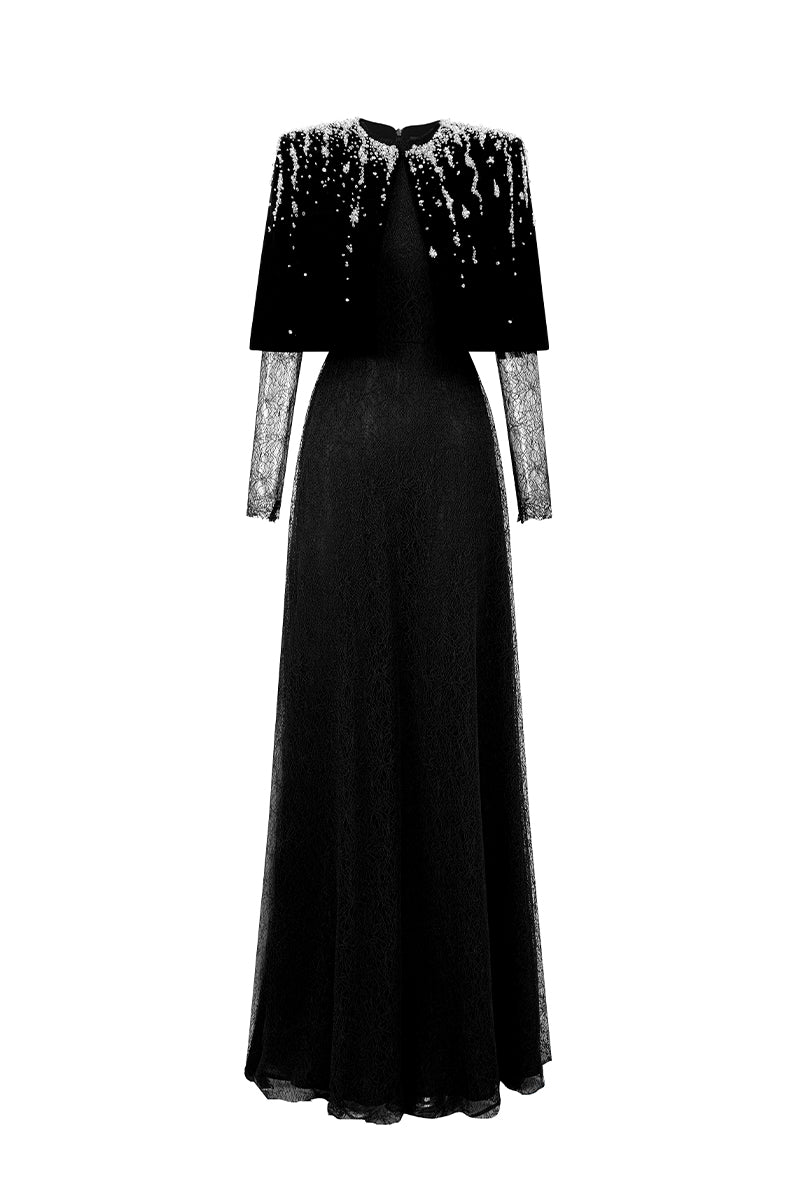 Black lace mini cape gown by I.H.F with round neck, A-line silhouette, and intricate vine guipure lace details.