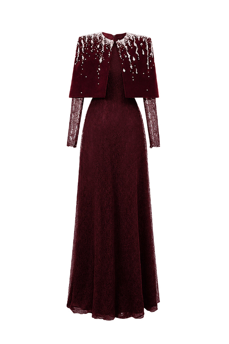 Dark red VIVIENNE burgundy mini cape A-line gown by I.H.F featuring lace and velvet details, round neckline, elegant design.