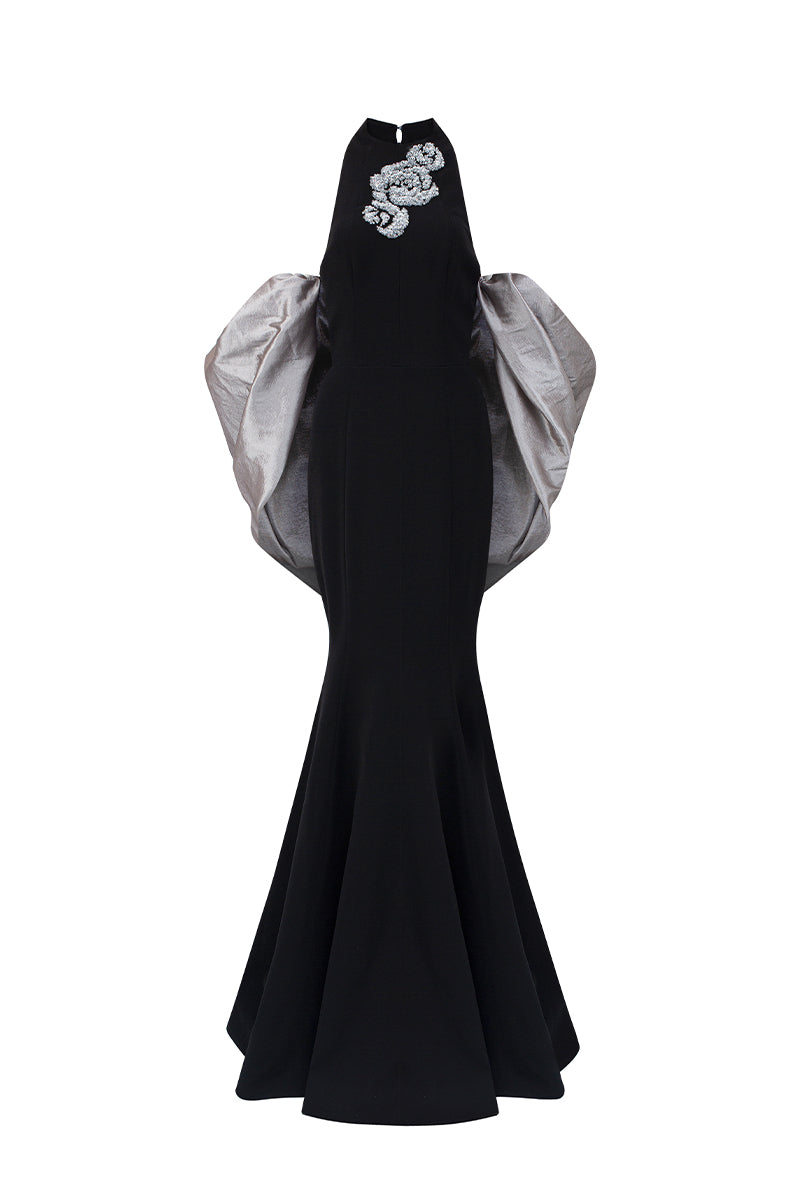 JESSICA BLACK AND SILVER DRAPED TRAIN MERMAID GOWN | I.H.F | CULT MIA
