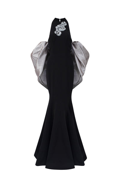 JESSICA BLACK AND SILVER DRAPED TRAIN MERMAID GOWN | I.H.F | CULT MIA
